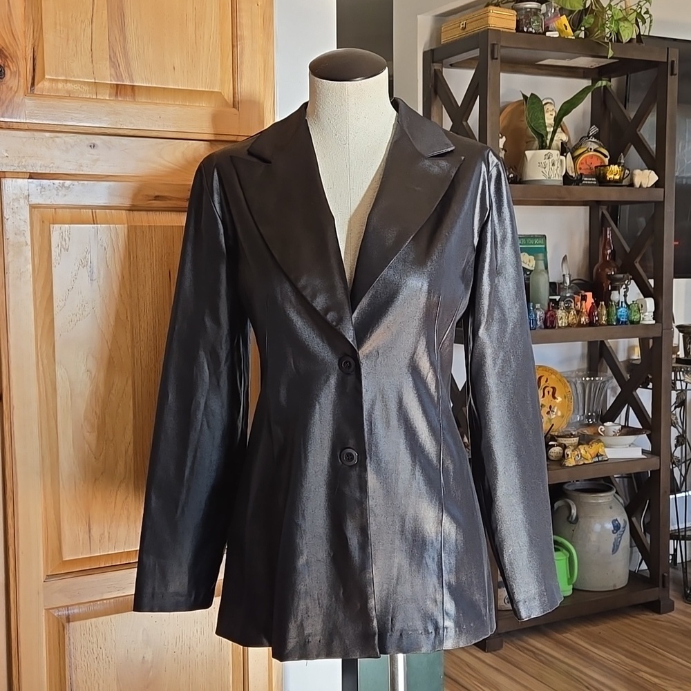 Sans Souci Black Tuxedo Style Jacket Vintage Womens Medium Satin Like Sheen